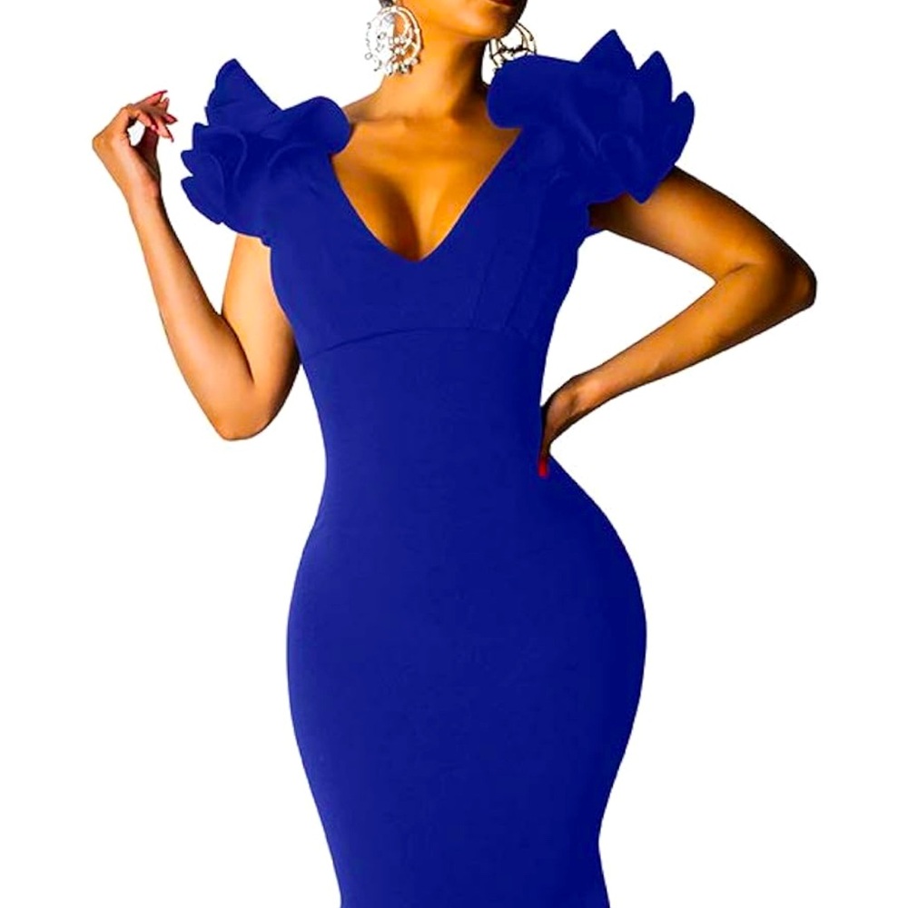 BEAGIMEG Women's Sexy Ruffle Sleeve Elegant V Neck Backless Evening Gown